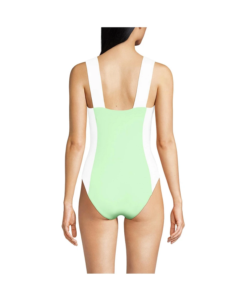 Lands' End Women's Long Torso Square Neck High Leg One Piece Swimsuit