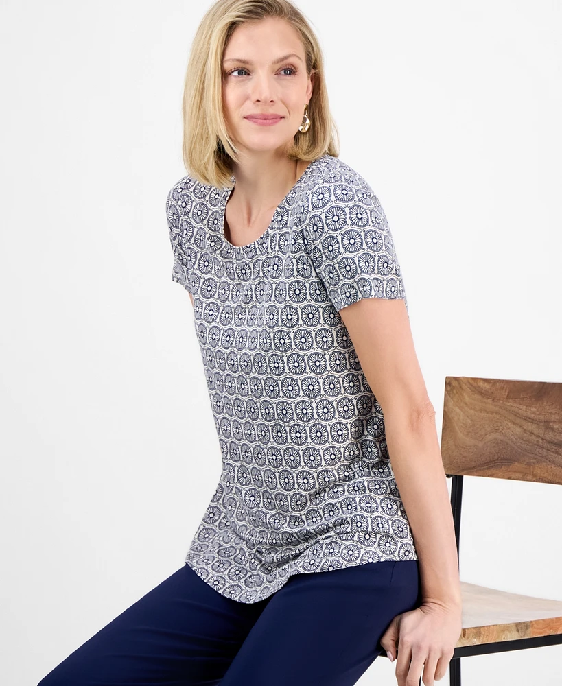 Jm Collection Women's Printed Short Sleeve Scoop-Neck Top, Created for Macy's