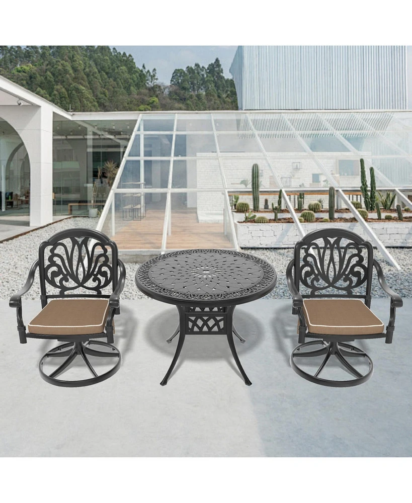 3-pc Cast Aluminum Dining Set, 2 Swivel Chairs & 35" Round Table