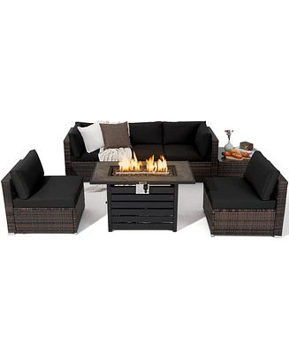 Gymax 7PCS Patio Rattan Furniture Set 42'' Fire Pit Table w/ Cover Cushioned