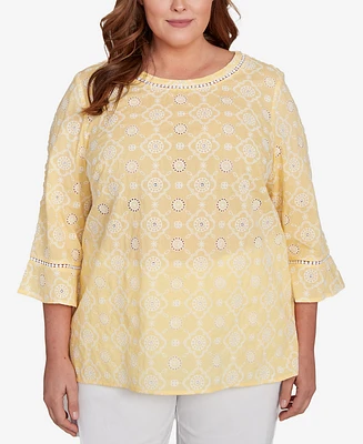 Alfred Dunner Plus Size Rise and Shine Embroidered Floral Eyelet Bell Sleeve Top