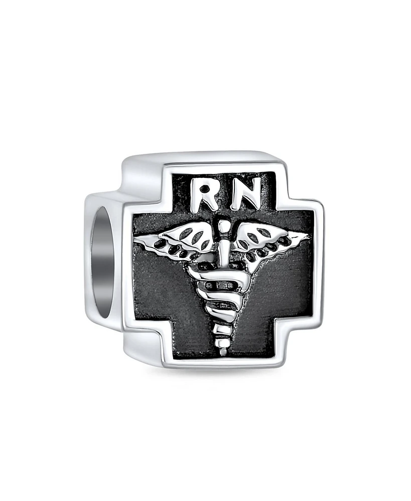 Bling Jewelry Nurse Nursing Rn Registered Caduceus Cross Shape Charm Bead Oxidized .925 Sterling Silver
