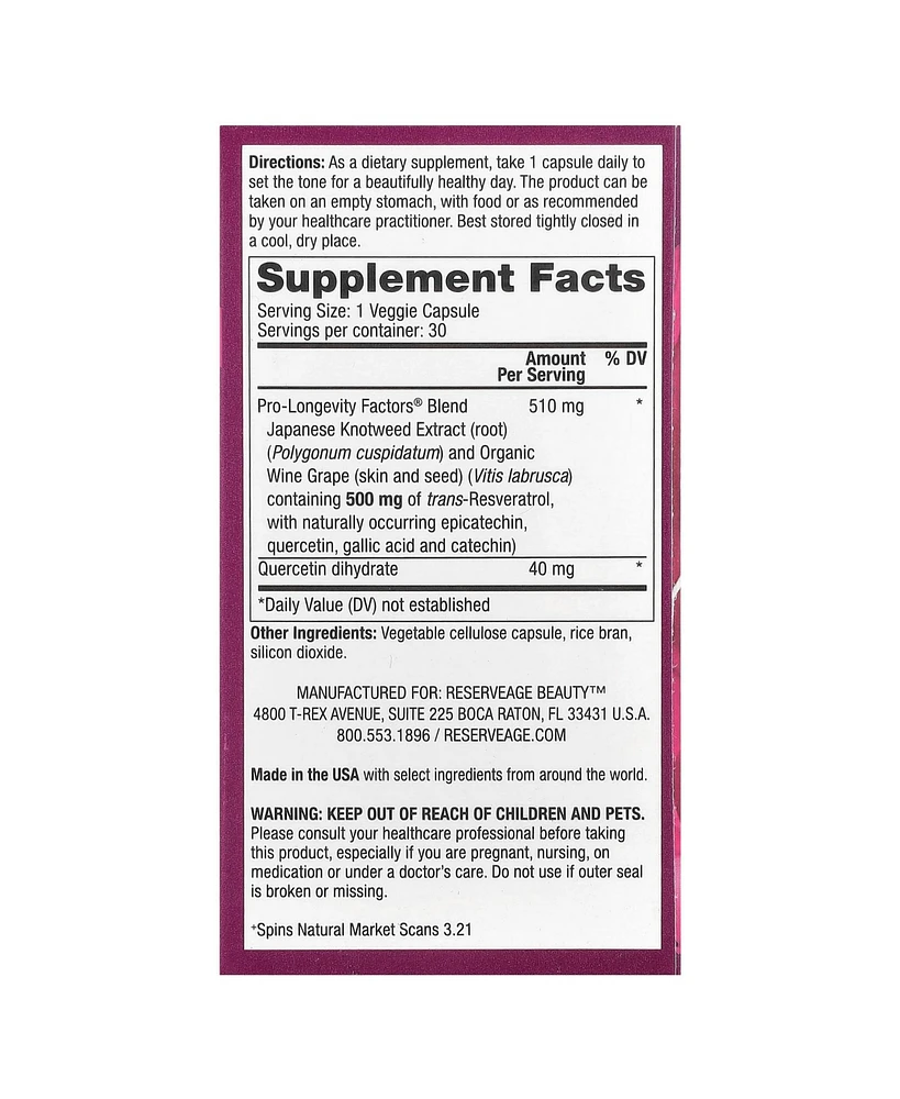 Reserveage Beauty Resveratrol -Resveratrol 500 mg