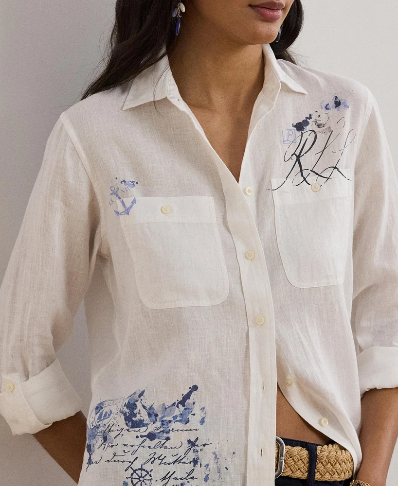 Lauren Ralph 100% Linen Women's Relaxed-Fit Print Roll-Tab Sleeve Shirt