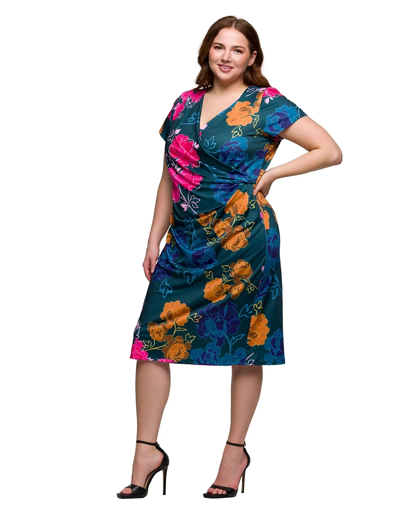 24seven Comfort Apparel Plus Size Knee Length Short Sleeve Faux Wrap Dress