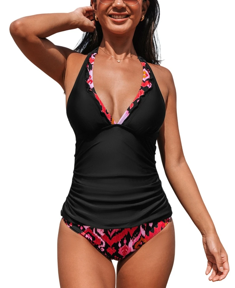 Cupshe Women's Halter V Neck Adjustable Straps Tankini Sets