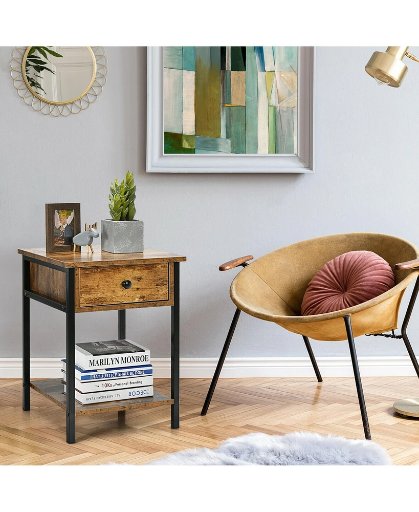 Gymax Industrial End Side Table Nightstand with Drawer Shelf