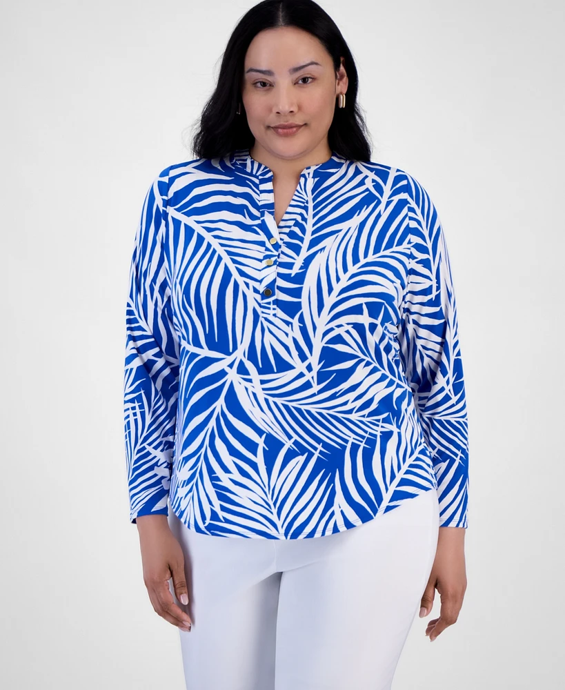 INC Plus Printed Split-Neck Top, Exclusively at Macy's