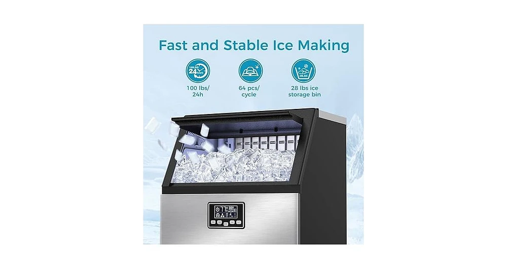 Zafro moon-shaped ice maker can produce 100 pounds of ice per day and has a storage capacity of 28 pounds. It features a two-way water filling system,