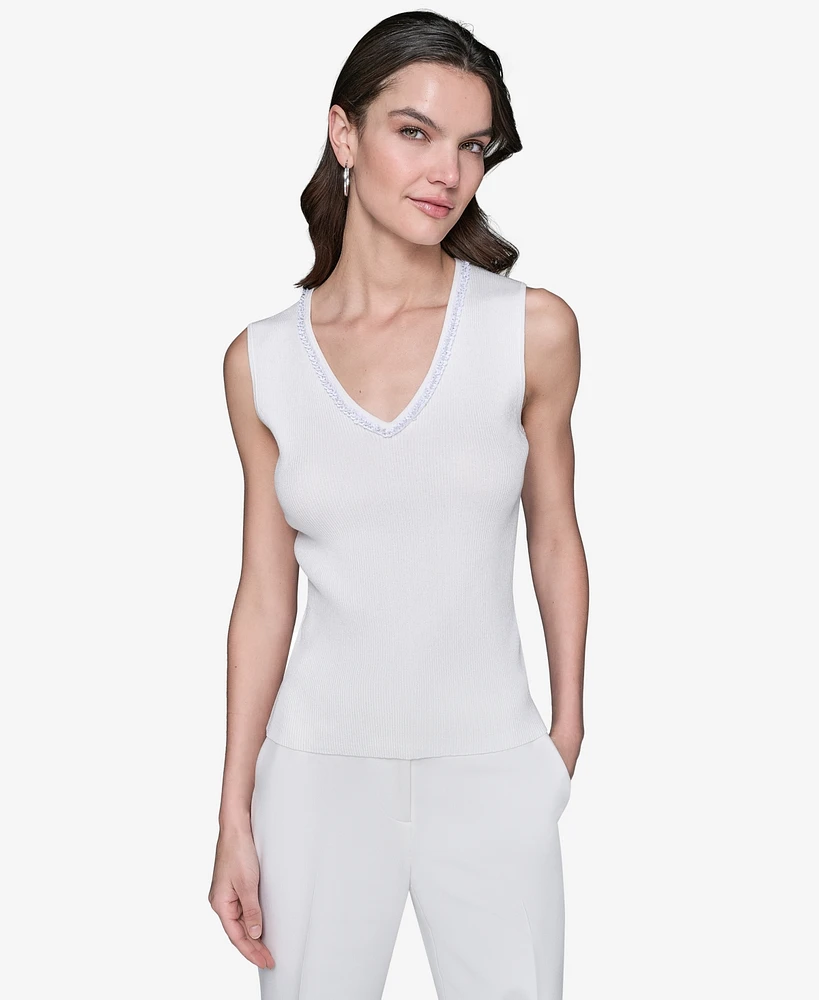Karl Lagerfeld Paris Women's Embellished V-Neck Ribbed Knit Sleeveless Top