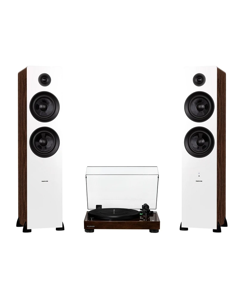 Fluance RT81 Elite High Fidelity Vinyl Turntable (White) with Ai81 Powered 2-Way Floorstanding Speakers (Bamboo), Diamond Stylus, Belt Drive, Built-in