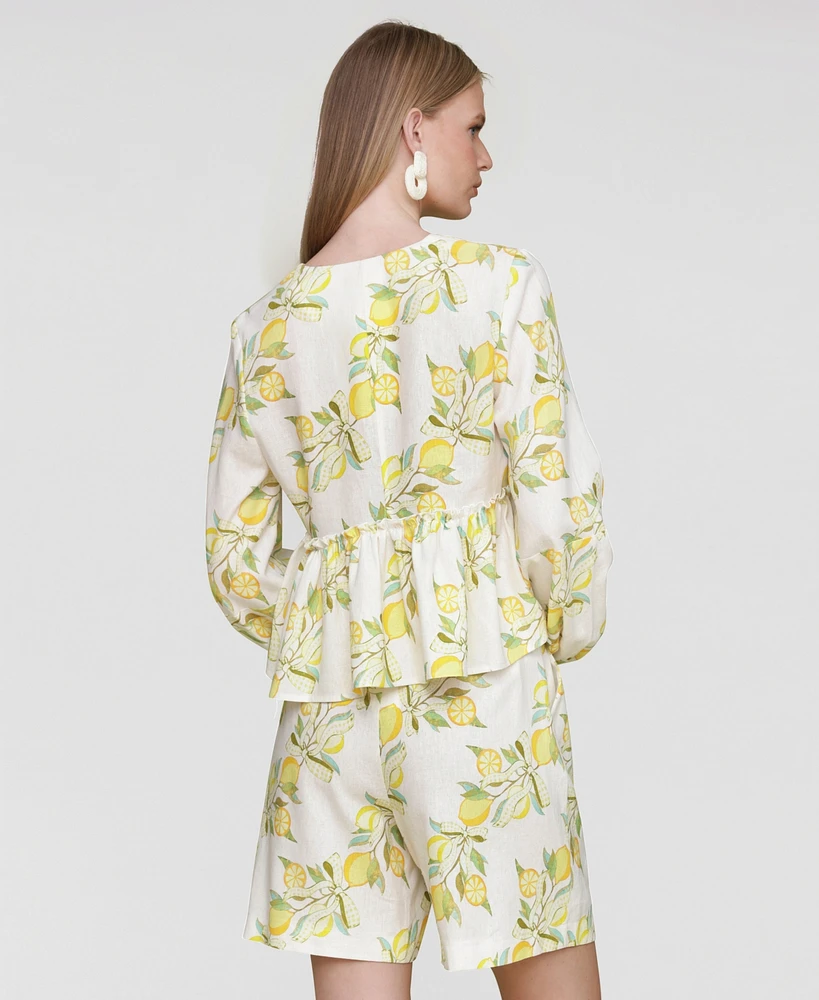Avec Les Filles Women's Printed Tie-Front Balloon-Sleeve Blouse