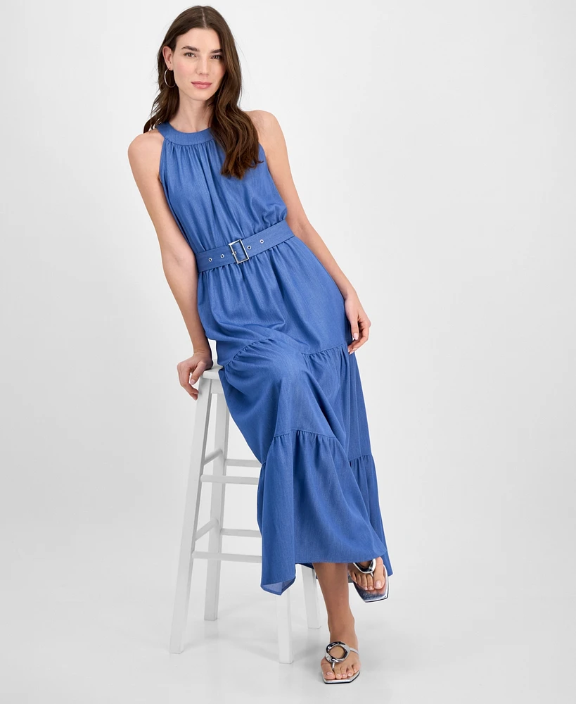 T Tahari Women's Tiered Fit & Flare Halter Maxi Dress