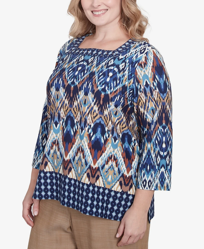 Alfred Dunner Plus Summer Solstice Ikat Diamond Border Square Neck Top