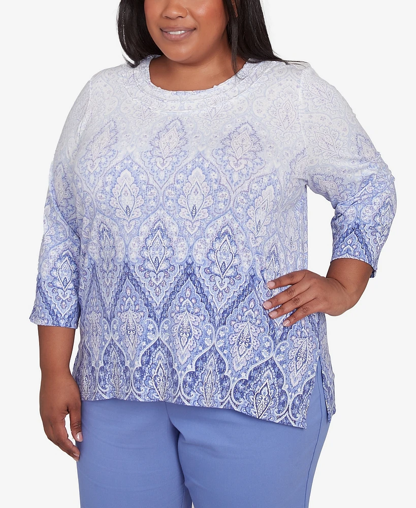 Alfred Dunner Plus Santa Fe Ombre Medallion Crew Neck Printed Top