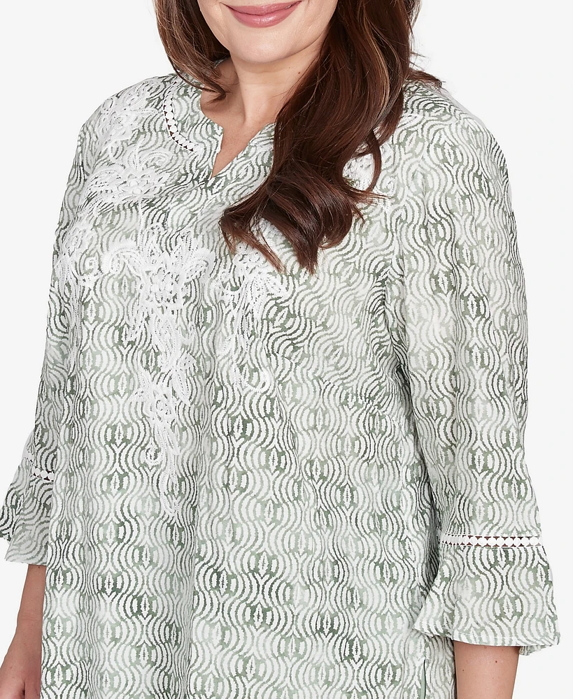 Alfred Dunner Plus Santa Fe Embroidered Geometric Flare Sleeve Top