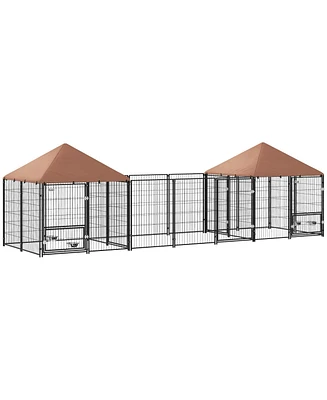PawHut Dog Kennel Outside with 2 Rooms, Rotating & Adjustable Height Bowls