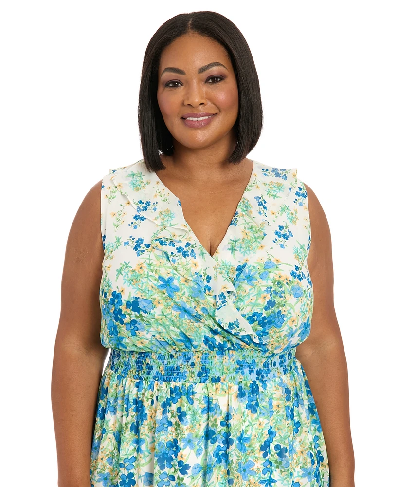 London Times Plus V-Neck Smocked-Waist Midi Dress