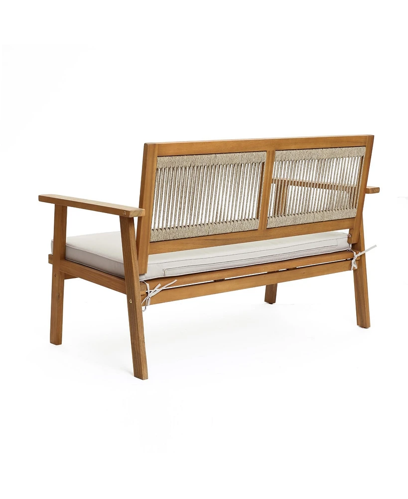 LuxenHome Outdoor Acacia Wood Rope Back Loveseat with Cushions and Coffee Table Set