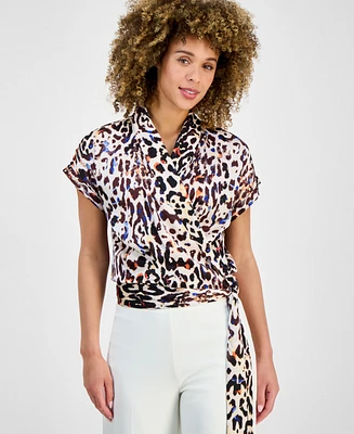 Tahari Asl Women's Printed Short-Sleeve Faux-Wrap Top, Regular & Petite