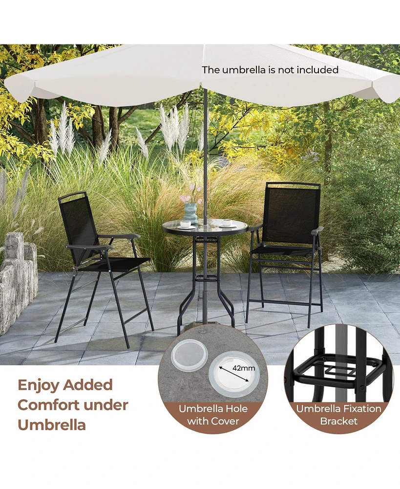 3 Pieces Outdoor Bar Stool Set with Dpc Tabletop and Umbrella Hole for Poolside-Black