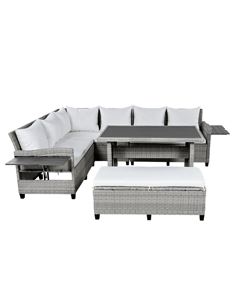 Mondawe 5-Piece Outdoor Sectional Pe Wicker L-Shaped Garden Furniture Set with 2 Extendable Side Tables, Dining Table and Washable Covers