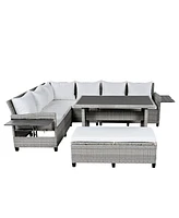 Mondawe 5-Piece Outdoor Sectional Pe Wicker L-Shaped Garden Furniture Set with 2 Extendable Side Tables, Dining Table and Washable Covers