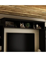 Grey Tv stand with top, left and right cabinets, multi-purpose media wooden console, entertainment center tempered glass