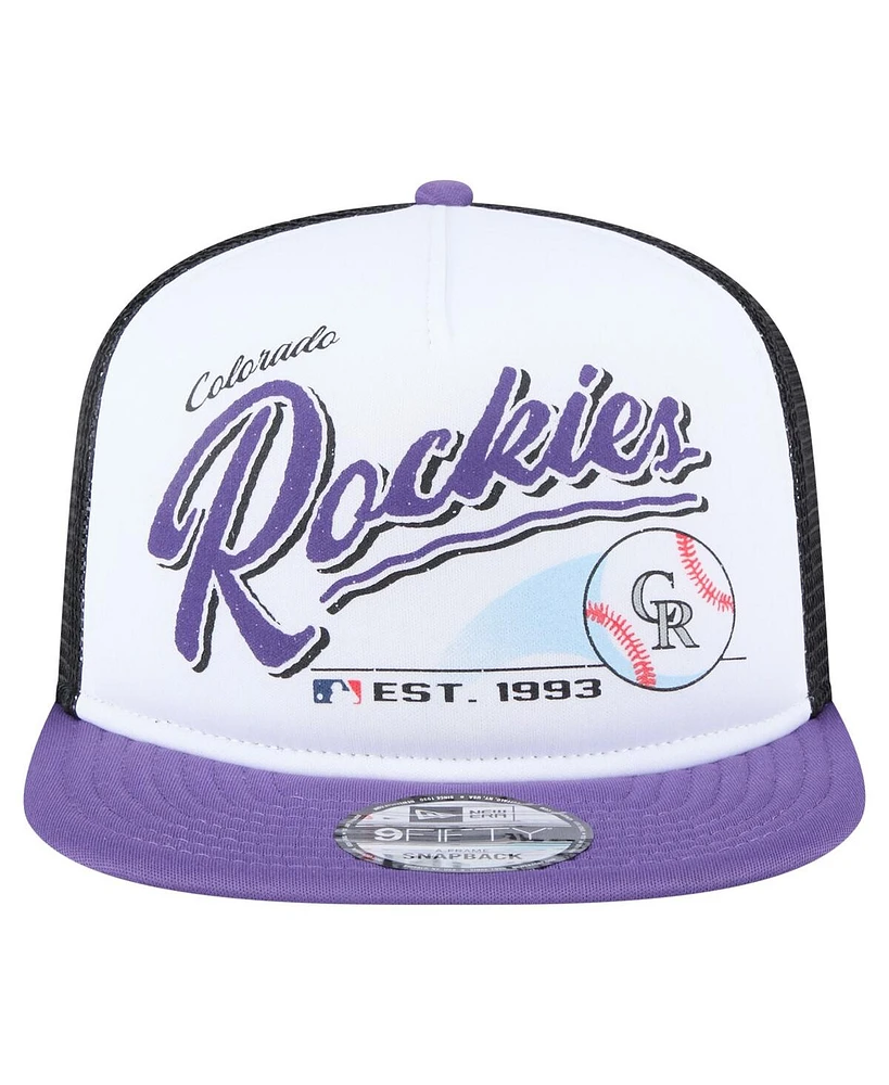 New Era Men's White/Purple Colorado Rockies Retro Script Trucker 9FIFTY Snapback Hat