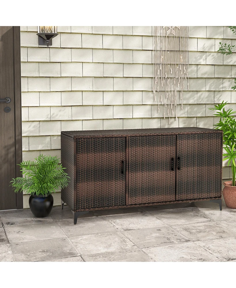 Patio Wicker Deck Box with 3 Doors and Removable Shelves – Pe Rattan Storage Container for Outdoor Use