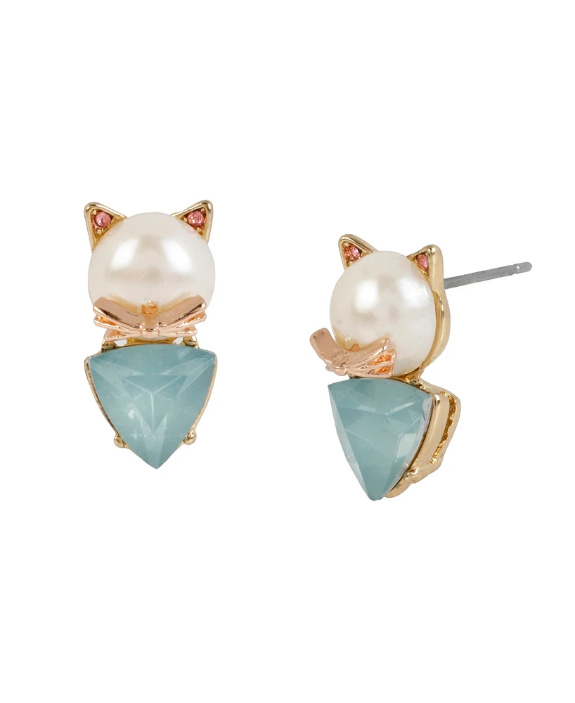 Betsey Johnson Faux Stone Cultivated Pearl Cat Two-Step Stud Earrings
