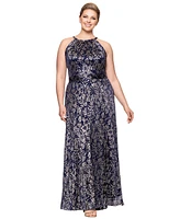 Betsy & Adam Plus Metallic Floral Print Sleeveless Gown