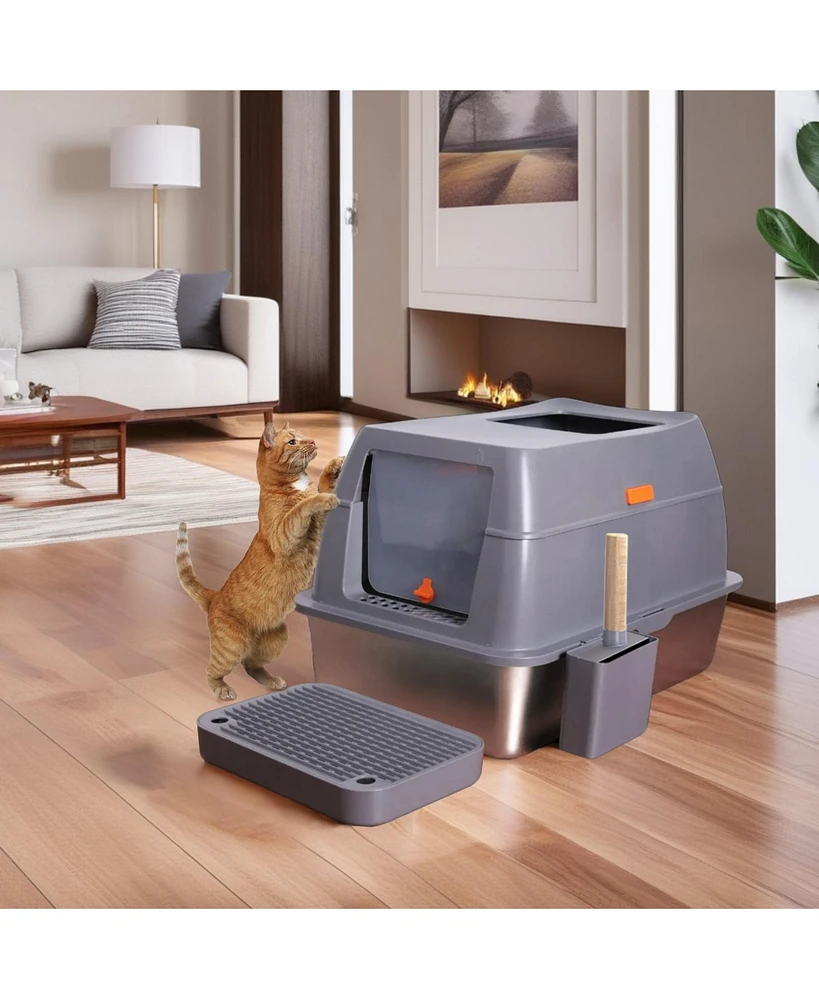 Bingopaw Stainless Steel Cat Litter Box With Lid, Scoop ,Filter Pedal