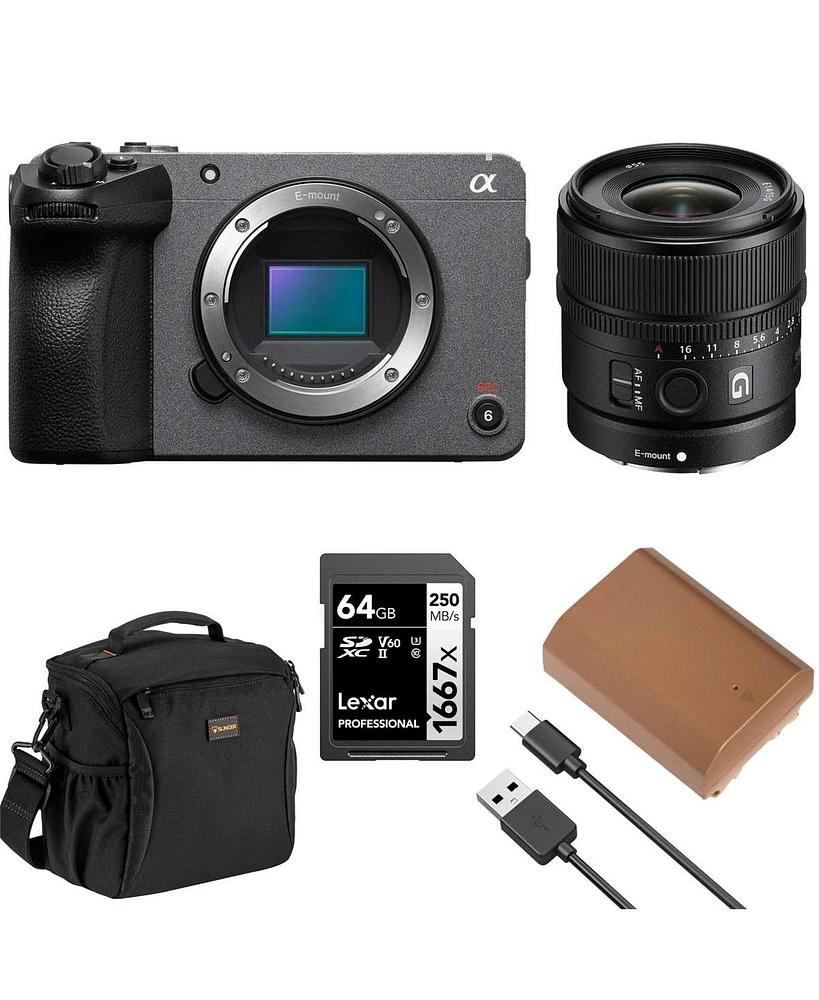 Sony Sony FX30 Super 35 Cinema Line Camera with Sony E 15mm f/1.4 G Lens & Slinger Multi-Device Shoulder Bag, Extra Battery, Sd Card