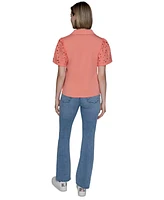 Karl Lagerfeld Paris Women's Mixed-Media Eyelet Knit Top