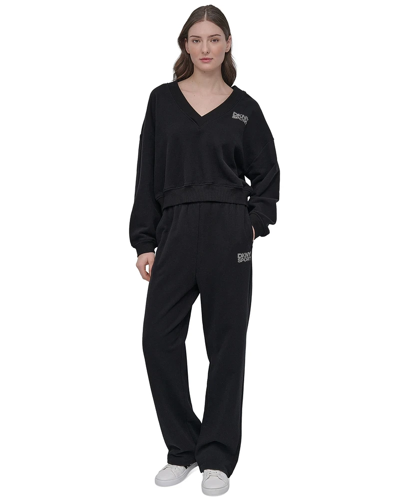 Dkny Sport Women's Rhinestone-Logo V-Neck Pullover Top