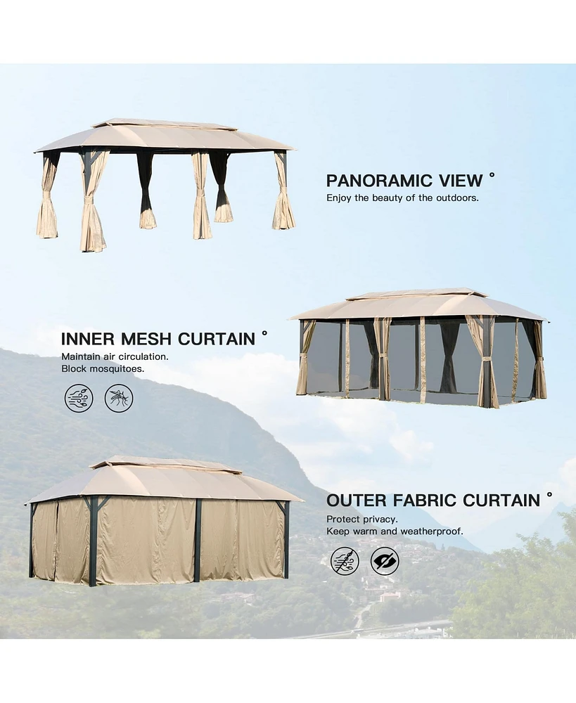 Gazebo 10x20FT, Outdoor with Double Roofs, Privacy Curtains, Mosquito Nettings, Heavy Duty Metal Frame Party Tent Canopy for Patio, Backyard, D