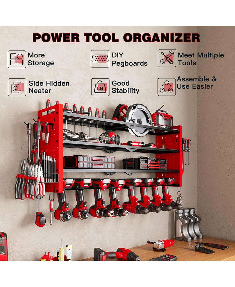 Hausource 4 Tier Power Tool Organizer Shelving Wall Mount Utility Storage Rack，Red