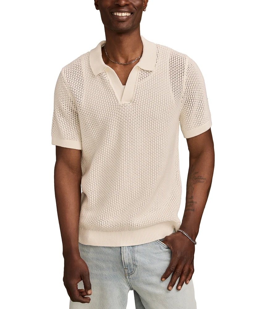 Lucky Brand Men's Short Sleeve Pointelle Open Collar Polo Shirt