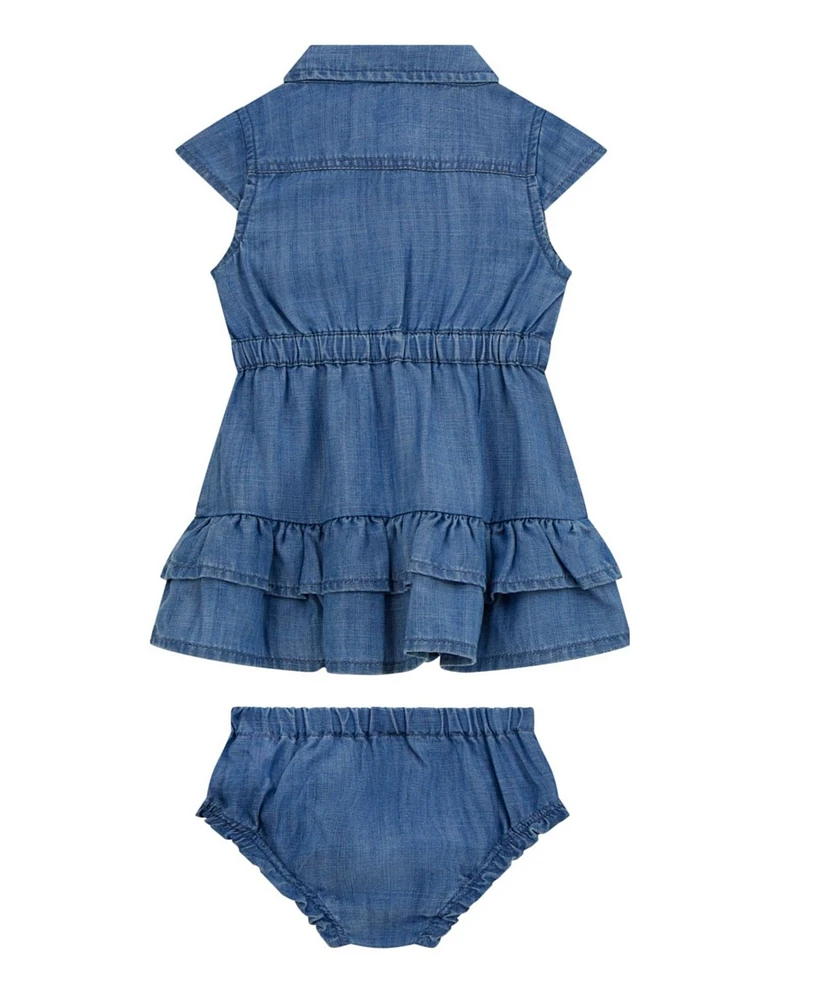 Guess Baby Girls 2-Piece Cap Sleeve Slub Denim Tiered Dress and Matching Bloomer Set