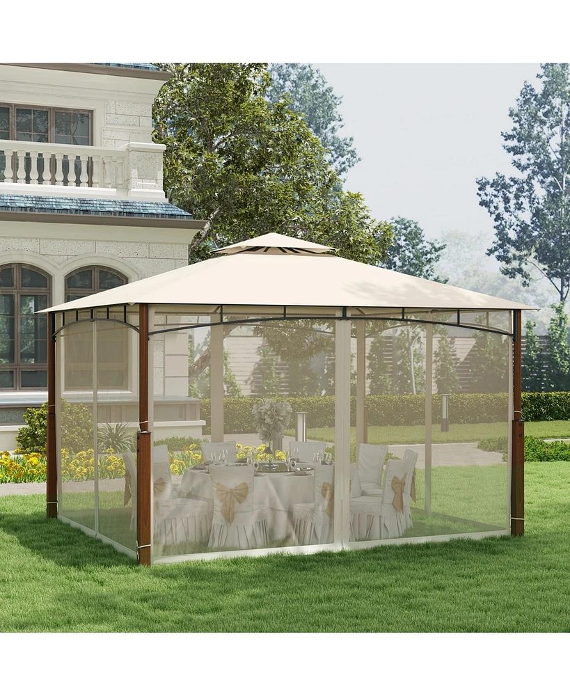 Outdoor Patio Gazebo with Netting and 2-Tier Canopy Roof