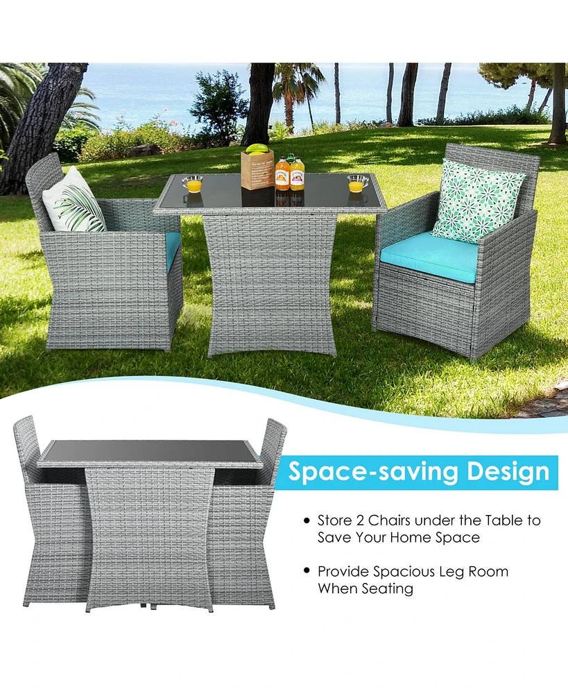 Gymax 3PCS Outdoor Rattan Conversation Set Patio Dining Table Set w/ Turquoise Cushions
