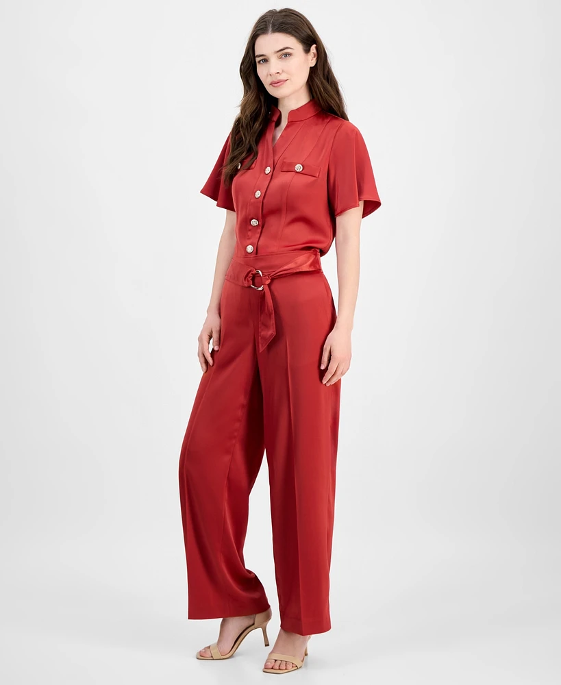 Anne Klein Women's Pull On High Rise Belted Wide Leg Satin Pants