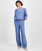 Charter Club Women's Embroidered 100% Linen Top, Exclusively at Macy's