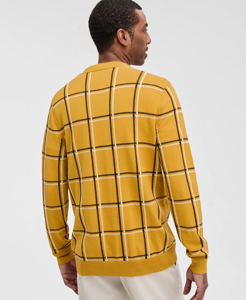 Club Room Men's Cotton Windowpane-Plaid Cardigan Sweater, Exclusively at Macy's