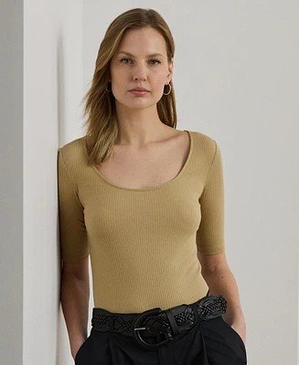 Lauren Ralph Women's Rib-Knit Cotton-Blend Elbow-Sleeve Tee