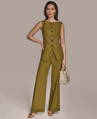 Donna Karan New York Womens Linen Blend Button Front Vest Belted Pants Regular Petite