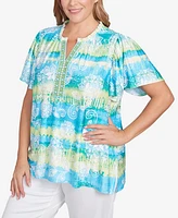 Ruby Rd. Plus Size Batik Embroidered Tie Dye Puff Print Top