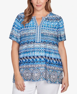 Ruby Rd. Plus Size Motif Stripe Embroidered Puff Print Top