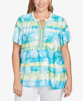 Ruby Rd. Plus Size Batik Embroidered Tie Dye Puff Print Top